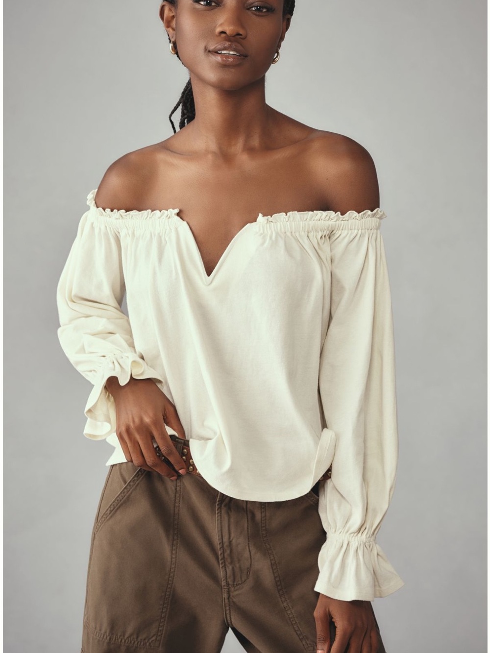 Anthropologie Cream Off-Shoulder V-Notch Peasant Blouse